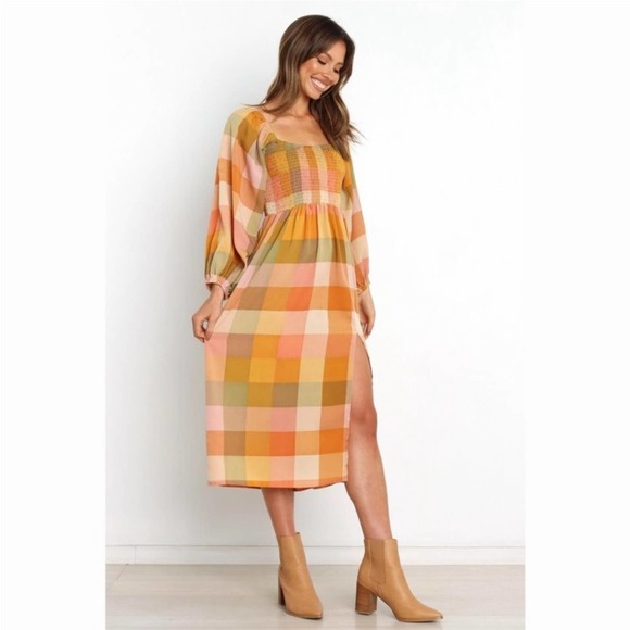 Petal & Pup Nazzano Fall Plaid Smocked Long Sleeve Midi Dress - Picture 3 of 6